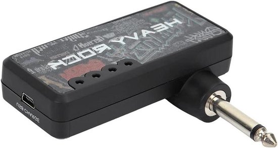 Zwarte mini gitaarversterker, ondersteboven met 'HEAVY ROCK' tekst en grafische patronen. USB-poort zichtbaar.