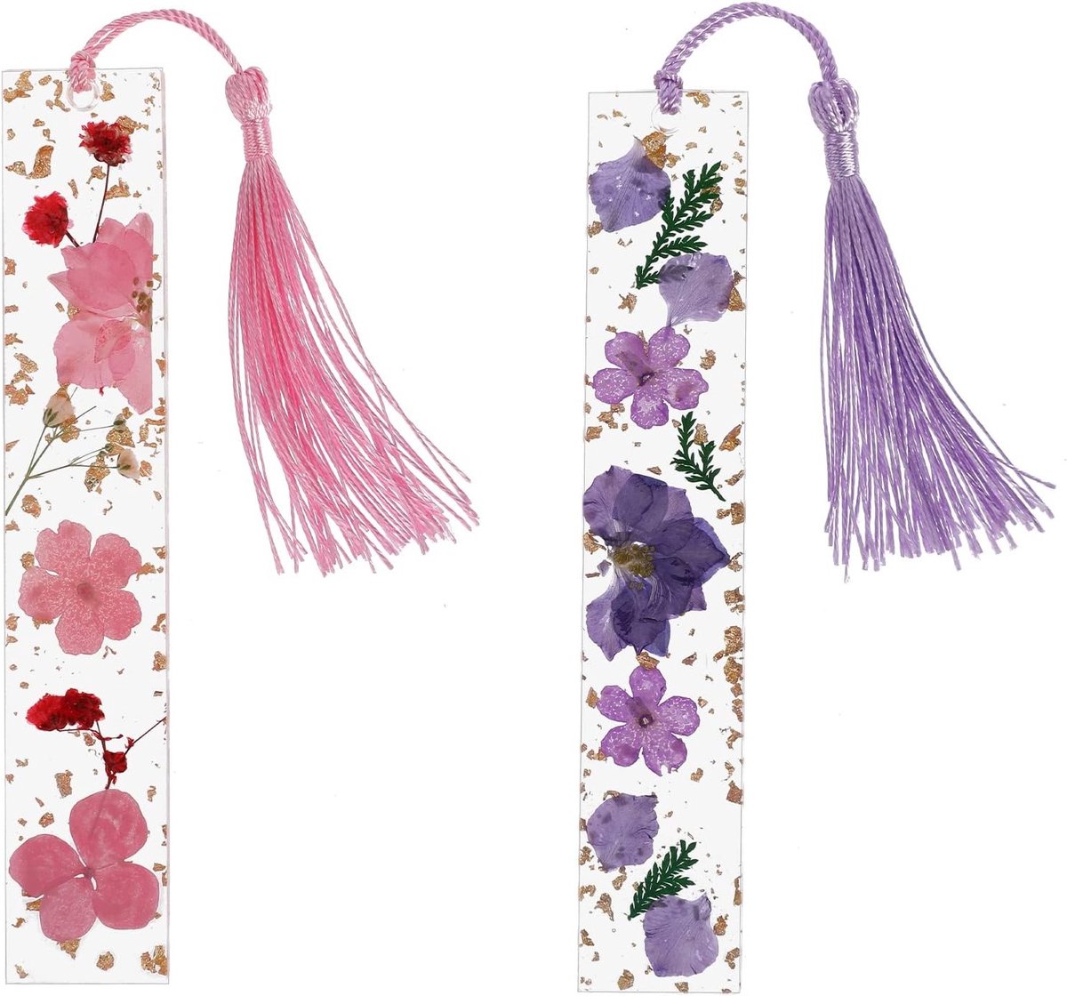 Handgemaakte Bookmark met Gedroogde Bloemen, 2 Stuks, Transparante Pagina Markeerder met Kwastje, Leuk Cadeau voor Vrouwen en Kinderen, Paars en Uniek Design