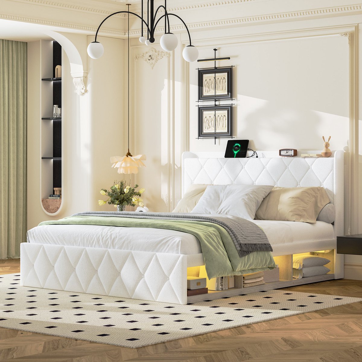 DESMIU Gestoffeerd Bed 160x200 cm – USB-Oplaadfunctie & LED-Verlichting – Hoofdbordplank & Onderbedopbergruimte – Tweepersoons – Stof – Wit – Zonder Matras