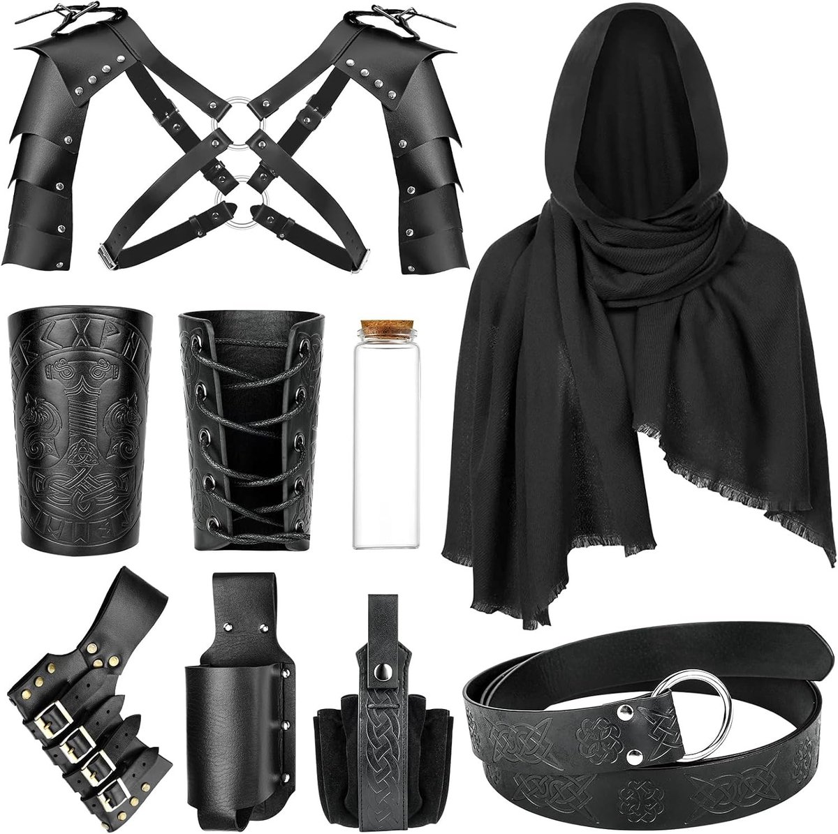 Middeleeuws ridderkostuum voor mannen met leren riem, schouderpantser en accessoires voor Halloween en themafeesten