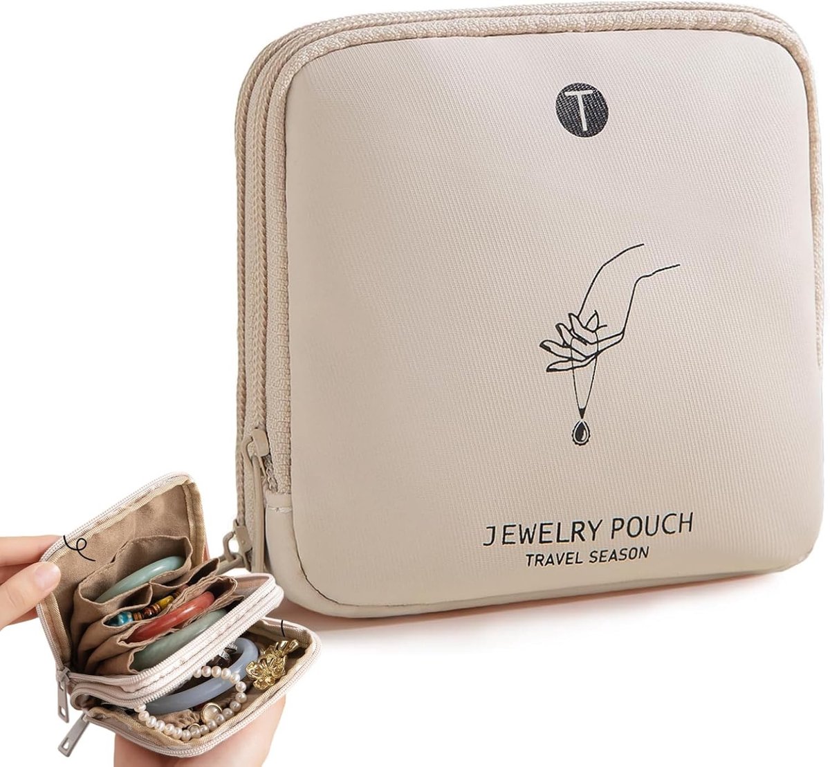 Dubbele Laags Reisorganizer voor Sieraden, Waterdicht met Rits, Ideaal voor Kettingen, Oorbellen en Ringen, Perfect voor Vrouwen op Vakantie, Beige