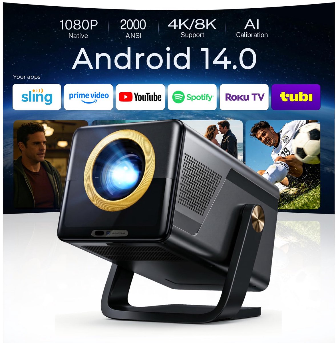 SnelShoppen - 2000 ANSI Native 1080P Smart Projector, 4K Ondersteund, Mini Projector met WiFi & Bluetooth, Auto Focus, Keystone, Ideaal voor Thuisbios