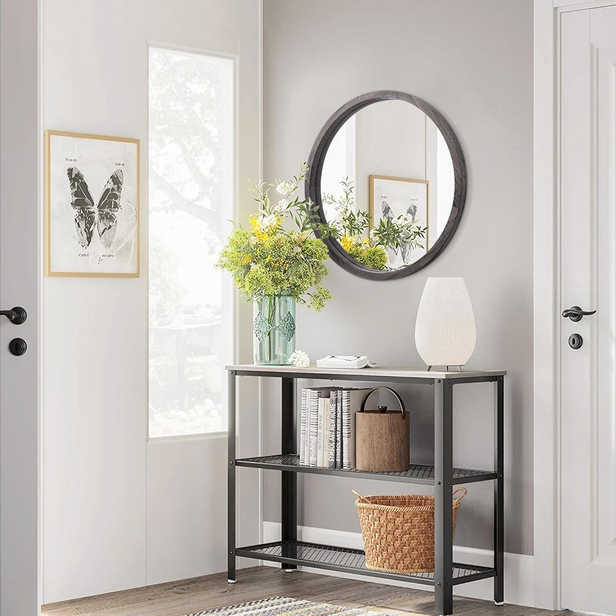 40CM Ronde Wandspiegel in Rustiek Grijs met Houten Frame voor Badkamer, Slaapkamer en Woonkamer Decoratie