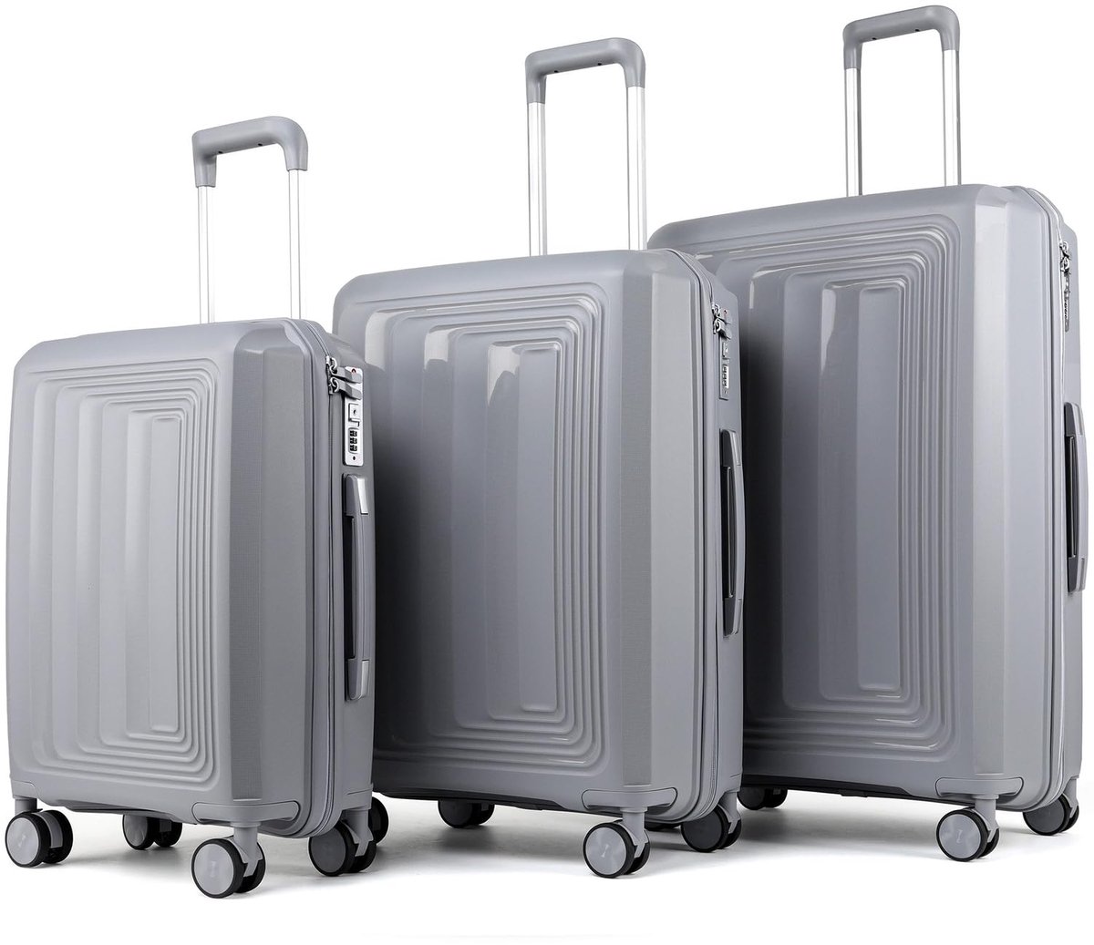 SnelShoppen - Set van 3 ultralichte koffers 55x38x18cm, 67x44x24cm, 76x49x28cm - ABS materiaal, 360° zwenkwielen, zilver, met cijferslot en versterkte