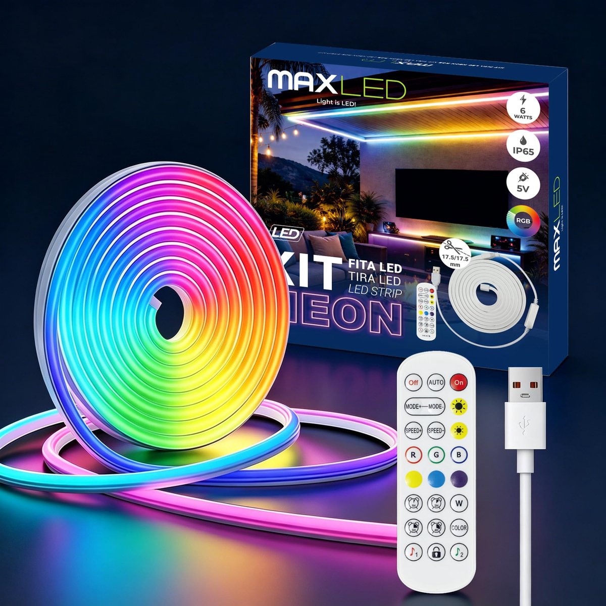 SnelShoppen - USB Neon LED Strip SMD 5050 RGB 5M IP65 Waterdicht voor Binnen en Buiten met Afstandsbediening - Flexibele Decoratie Strip voor Slaapkam