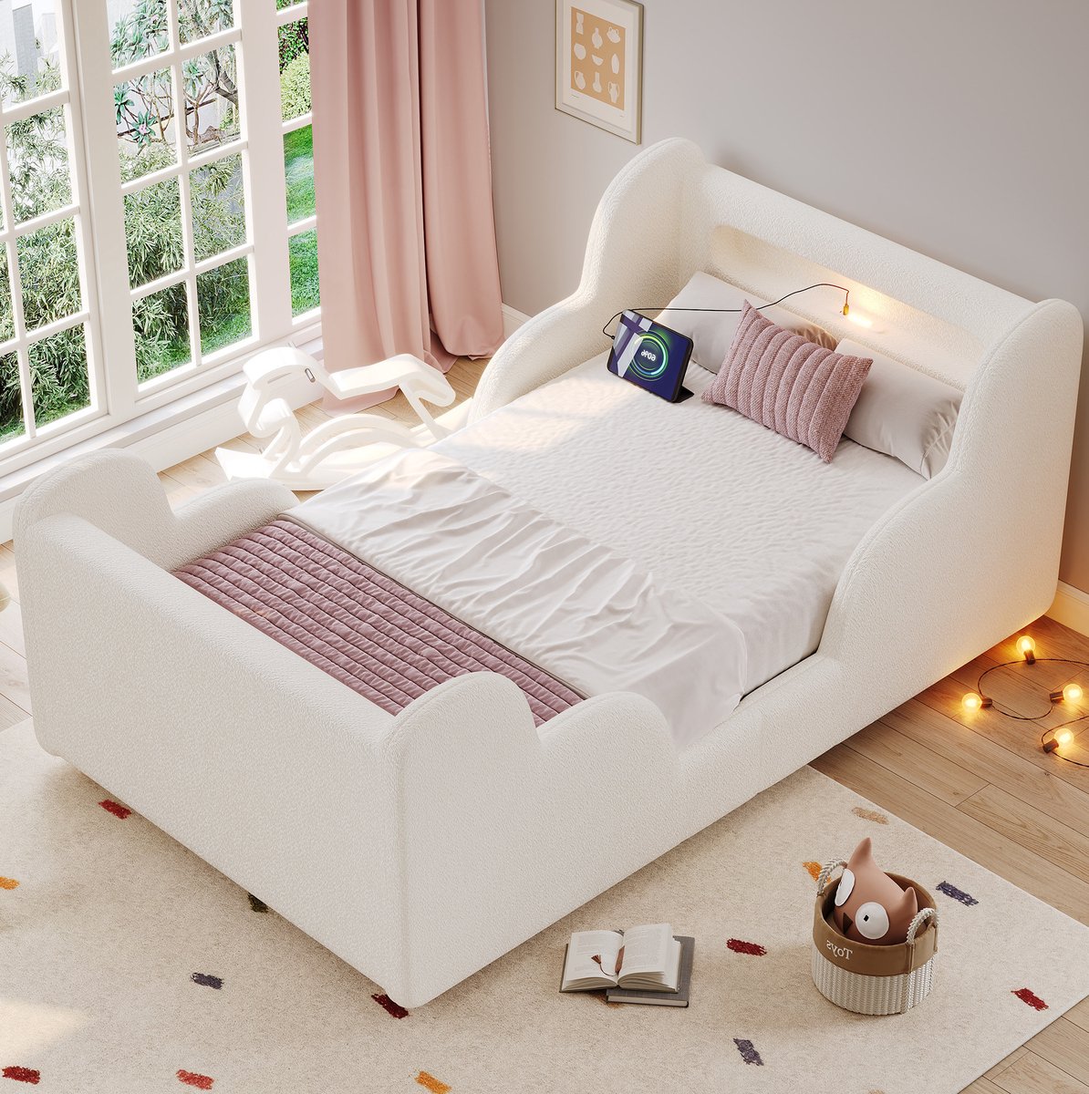 DESMIU Kinderbed 90x200 cm – Gestoffeerd Eenpersoonsbed Met Beschermrand, Nachtlicht en USB-Oplaadpunt – Met Opbergvakken – Zonder matras – Bouclé – Beige