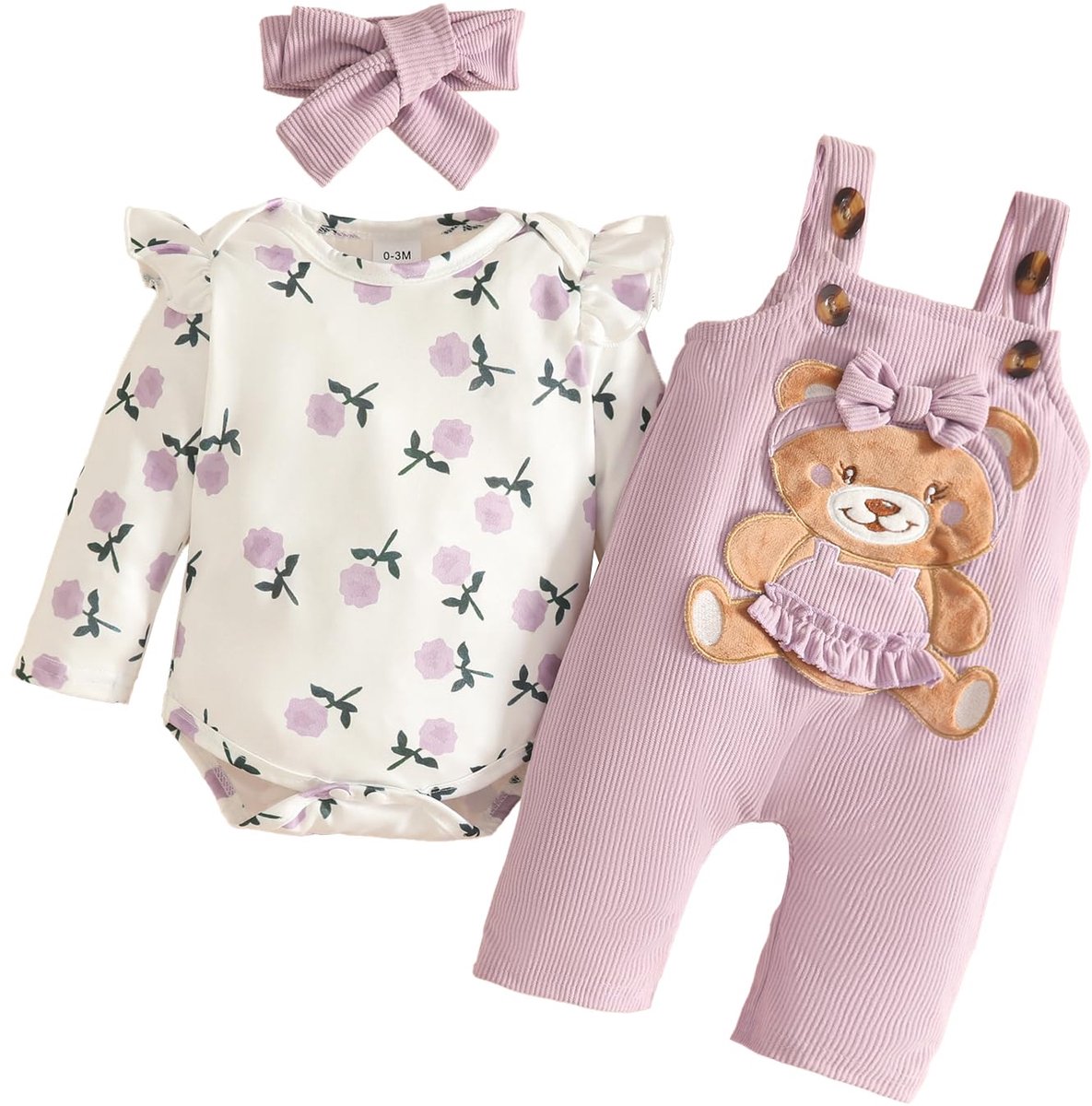 SnelShoppen - Kleding voor kleine meisjes, bloemenbovenstuk, verstelbare overall met beer, set voor 3-6 maanden, Purper, perfect voor feestjes en dage