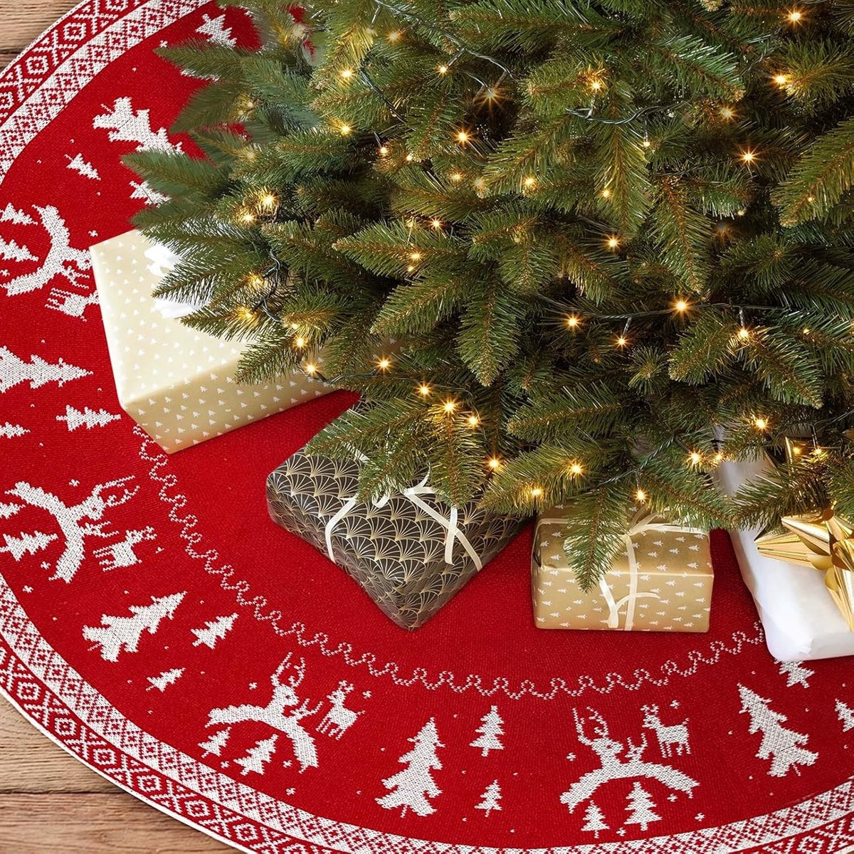 Ronde Gebreide Kerstboomdeken 120 cm - Kerstboomrok voor Thuis en Feest, Rood, Decoratie, Warmte, Kerstversiering