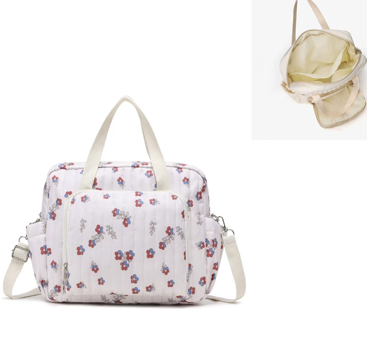 KZQ Gestepte luier tas tote met bloemenprint - Grote capaciteit katoenen babybag met meerdere vakken - Wit met rode bloemenprint