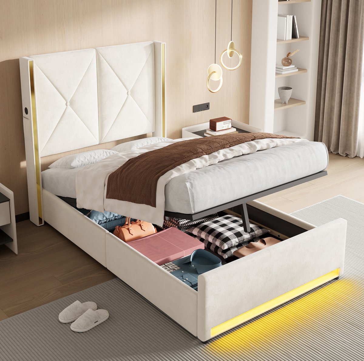 Velours Bed 90x200 cm – Hoog Hoofdbord Met USB En Type-C – Hydraulisch Opklapbaar Met Opbergruimte – Eenpersoonsbed – Beige – Zonder Matras