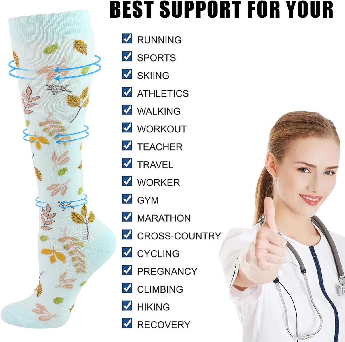 3 Paar Compressiekousen voor Dames en Heren 20-30mmHg Gegradueerde Kniehoogte Kousen voor Sport en Zwangerschap