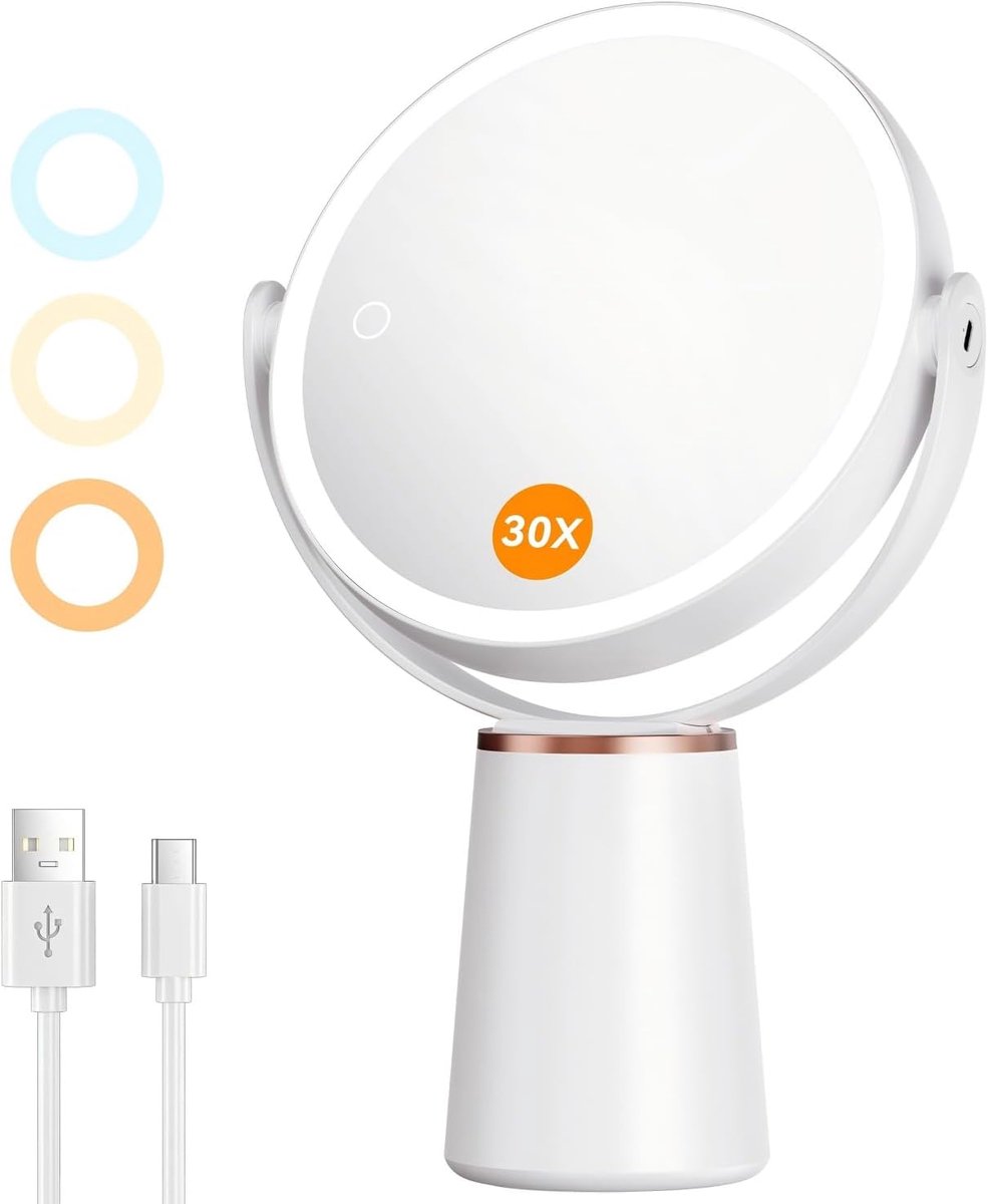 SnelShoppen - Auxmir Make-upspiegel met Verlichting, 30x Vergroting, Dimbare Touchfunctie, 3 Lichtkleuren, USB-Oplaadbaar, 360 Graden Draaibaar, Tafel