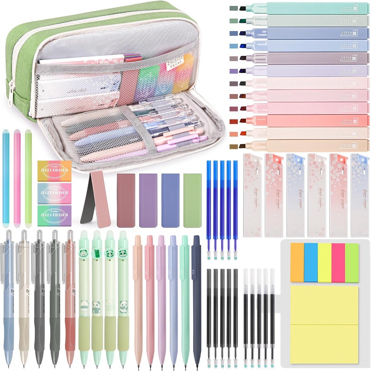 SnelShoppen - 61 stuks schoolaccessoires met etui, 12 pastel markeerstiften, 4 uitwisbare stiften, 5 gelpennen, 6 vulpotloden, Back to School schrijfw
