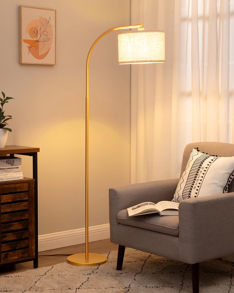 SnelShoppen - Verstelbare Vloerlamp Woonkamer LED Booglamp met Beige Linnen Lampenkap, E27 Fitting, Moderne Leeslamp voor Slaapkamer & Kinderkamer, In