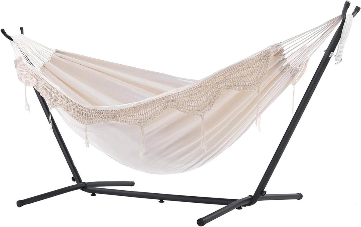 Katoenen Hangmat - Dubbele Hangmat - Ontspanning in Tuin - Inclusief Standaard - 250 cm - Natuurlijk