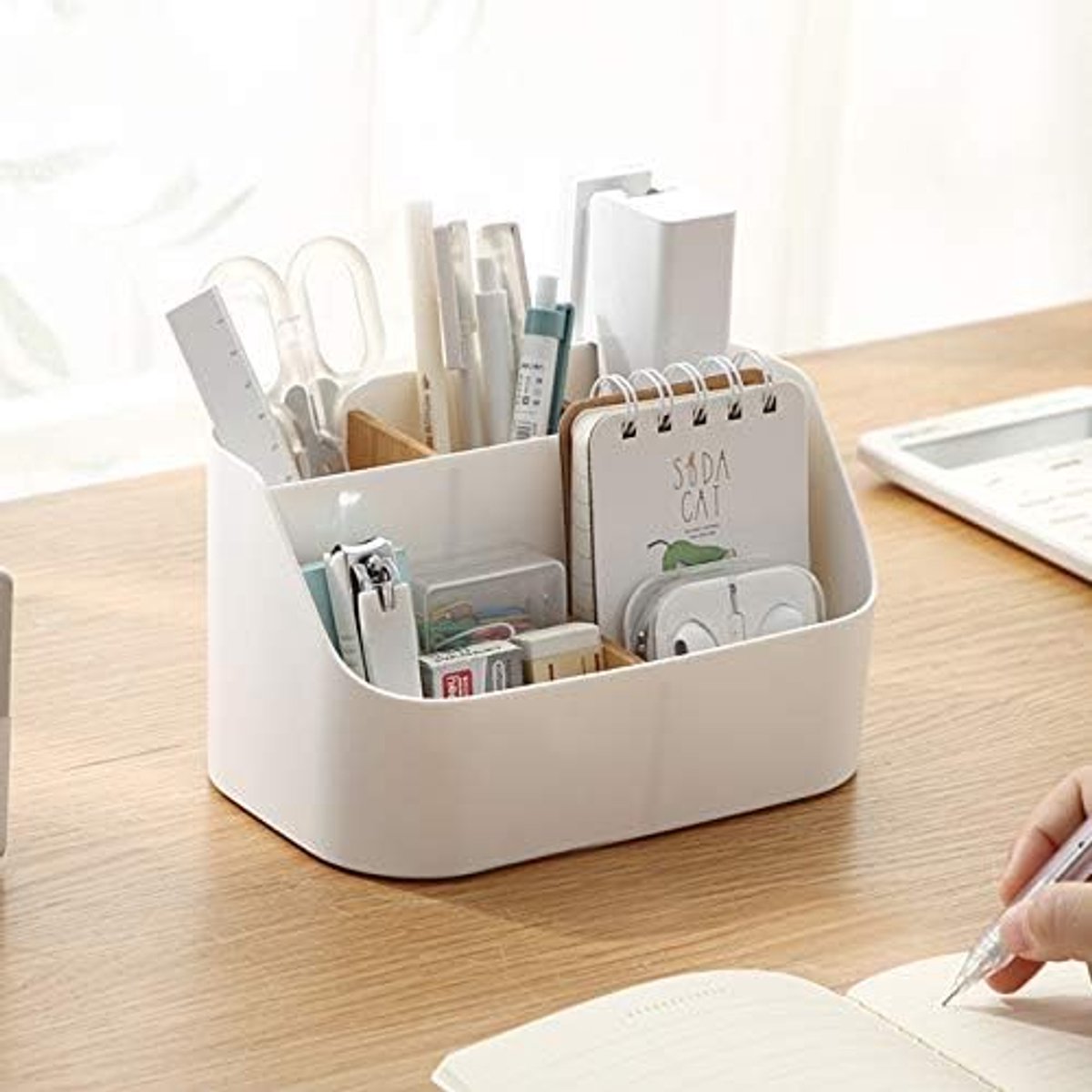 SnelShoppen - Rhys Bamboe Bureau-Organizer met 5 Vakken, Multifunctionele Opbergdoos voor Smartphones, Cosmetica, Pennen en Kleine Voorwerpen, Wit