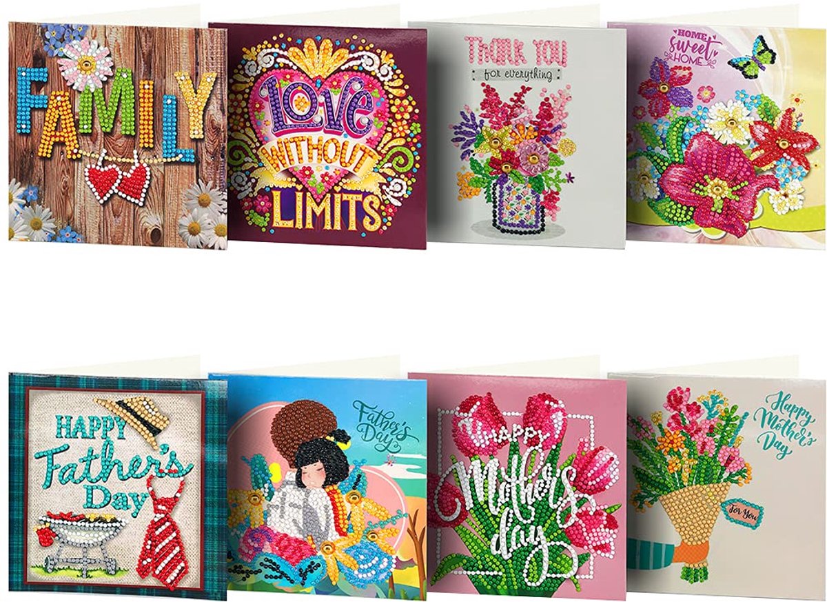 YYchan Diamond Painting Kaarten Set van 8 - DIY Wenskaarten Inclusief Enveloppen - 15x15 cm - Verjaardag & Feestdagen - Familie