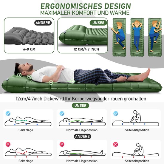 SnelShoppen - Camping zelfopblazend matras 12 cm dik met voetperspomp, ultralicht en waterdicht luchtmatras voor outdoor, wandelen, backpacken en kamp van Snelshoppen — afbeelding 2