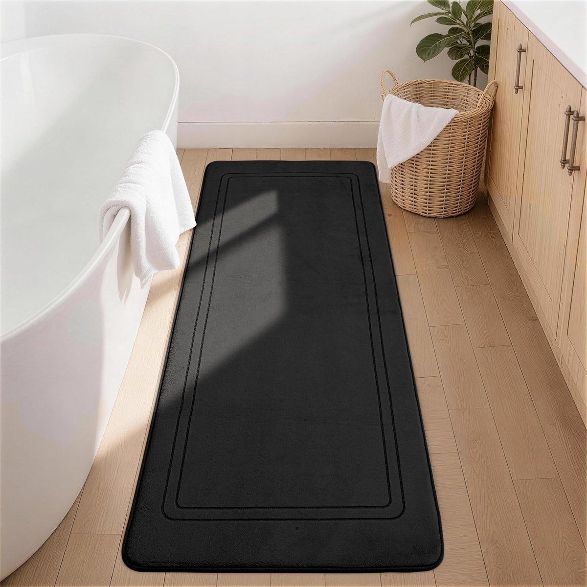 SnelShoppen - Badmat Antislip Zacht Absorberend Badkamerteppich 60x150cm Zwart - Douchemat Voetmat voor Badkamer en Douche