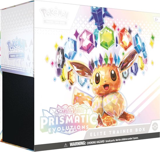 Pokémon Trading Card Game Scarlet & Violet Prismatic Evolutions Elite Trainer Box met Eevee en glinsterende edelstenen.