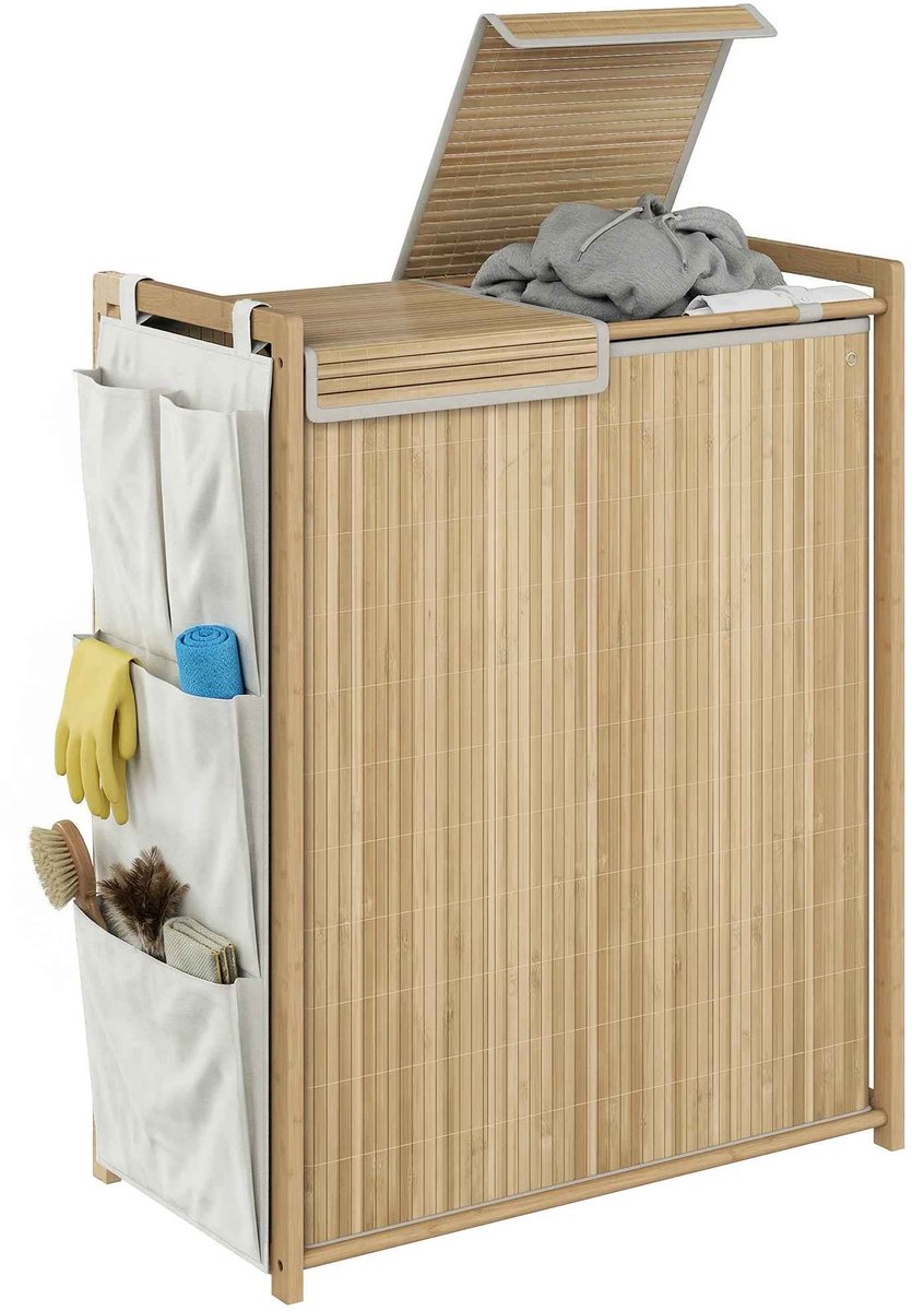 Casa Living Wasmand - Bamboe - 2 Vakken - Wassorteerder - 120L Inhoud - Uitneembare Waszakken - Met Deksel en Zijvakken - Bruin