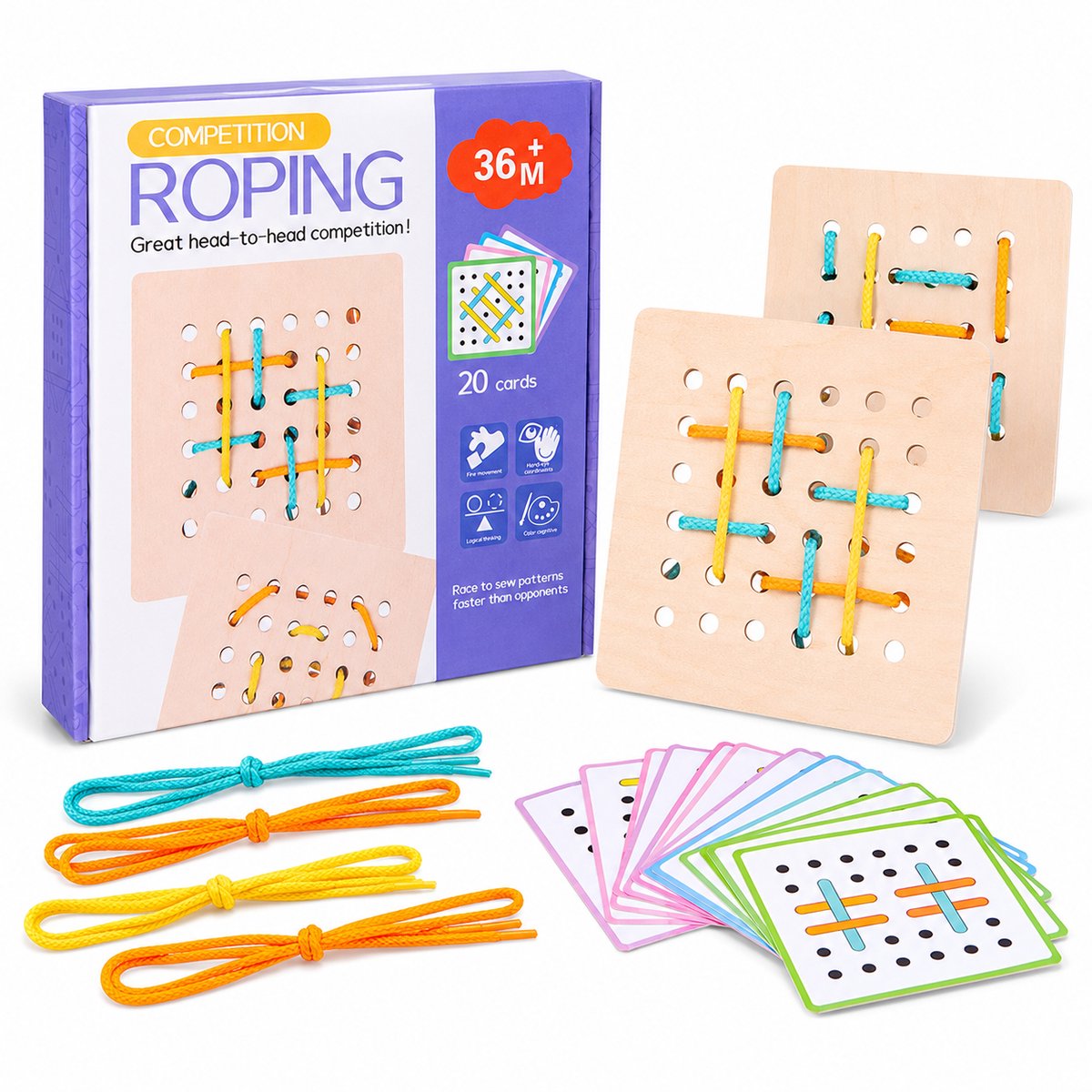 FAMPHOS Montessori Speelgoed vanaf 3 Jaar – 2-in-1 Houten Memoryspel en Rijgspel – Educatief Speelgoed voor Geheugen, Concentratie en Fijne Motoriek — afbeelding 5