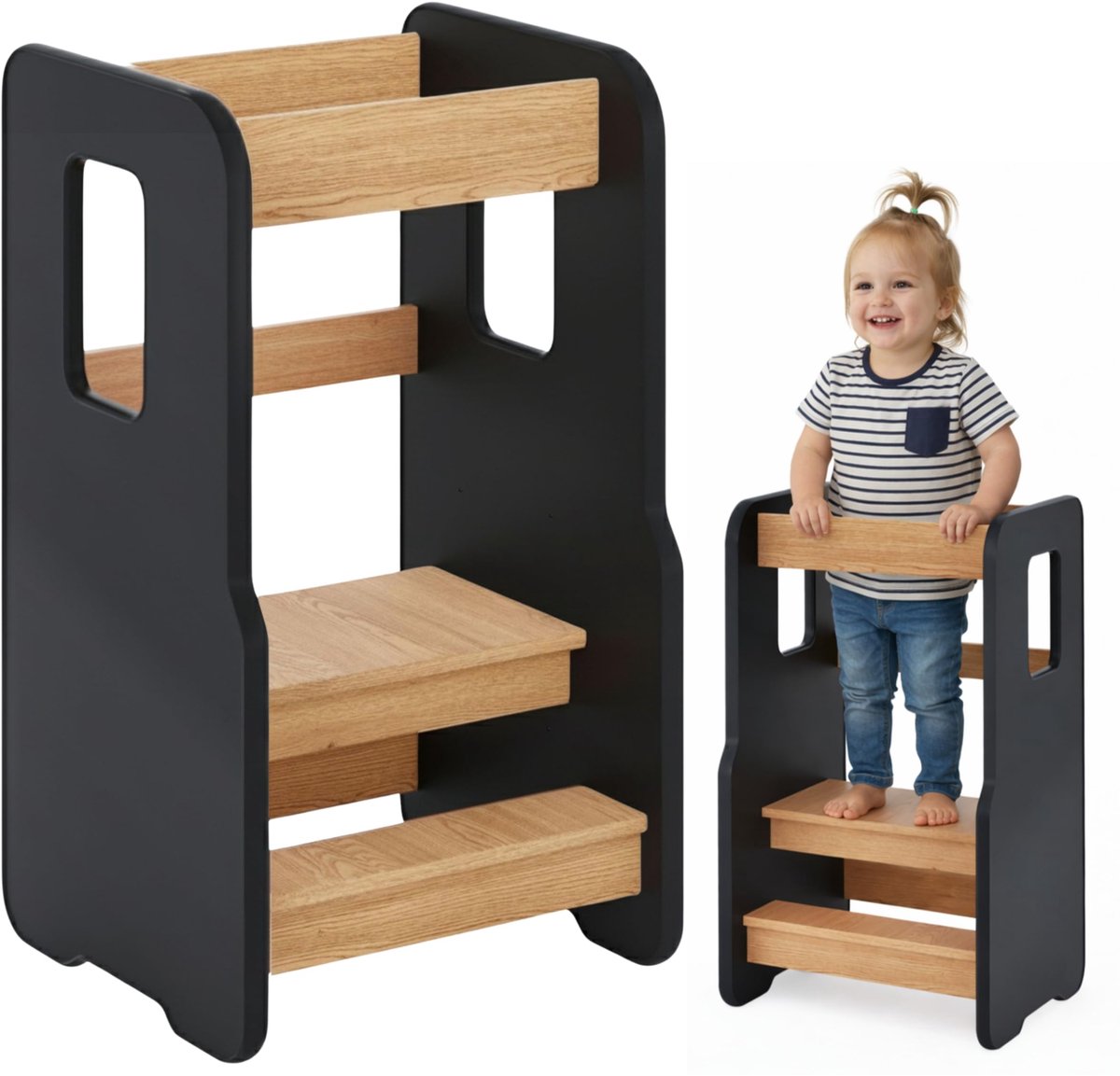 SnelShoppen - ComfortCove Montessori Leertoren voor Kinderen, Zwart/Eiken, Leertoren vanaf 1 Jaar, Veilig en Stevig, Ideaal voor Keuken en Badkamer