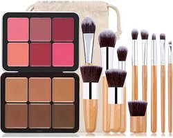 Makeup Blush en Cream Contour Palette Kit met 11 Compleet Make-up Kwasten voor Medium Donkere Huid, Verbergt Donkere Kringen, Roodheid en Acne