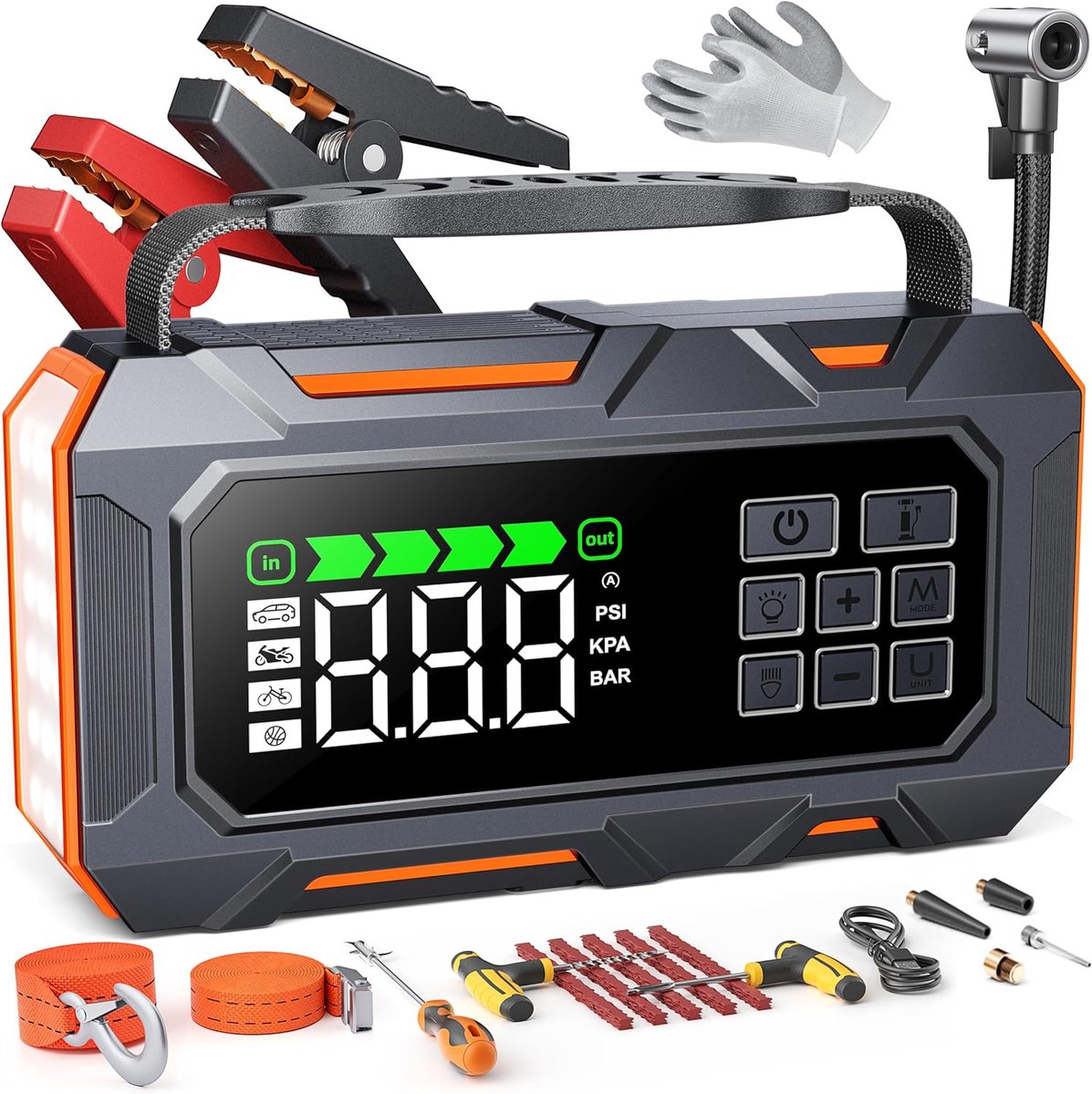 SnelShoppen - 14-in-1 Starthulp Powerbank voor Personenauto's met Compressor 160 psi, 26800 mAh Noodhulp Kit, Starter Powerbank voor Benzine/12l Diese