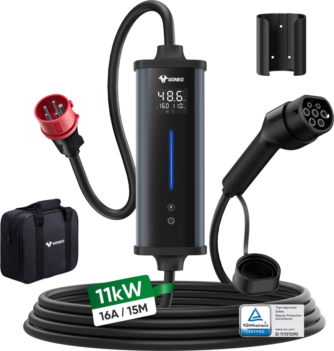 Mobiele thuislader Type 2 met CEE-stekker - 11kW 15m 3-fase - Instelbare laadstroom en laadtimer