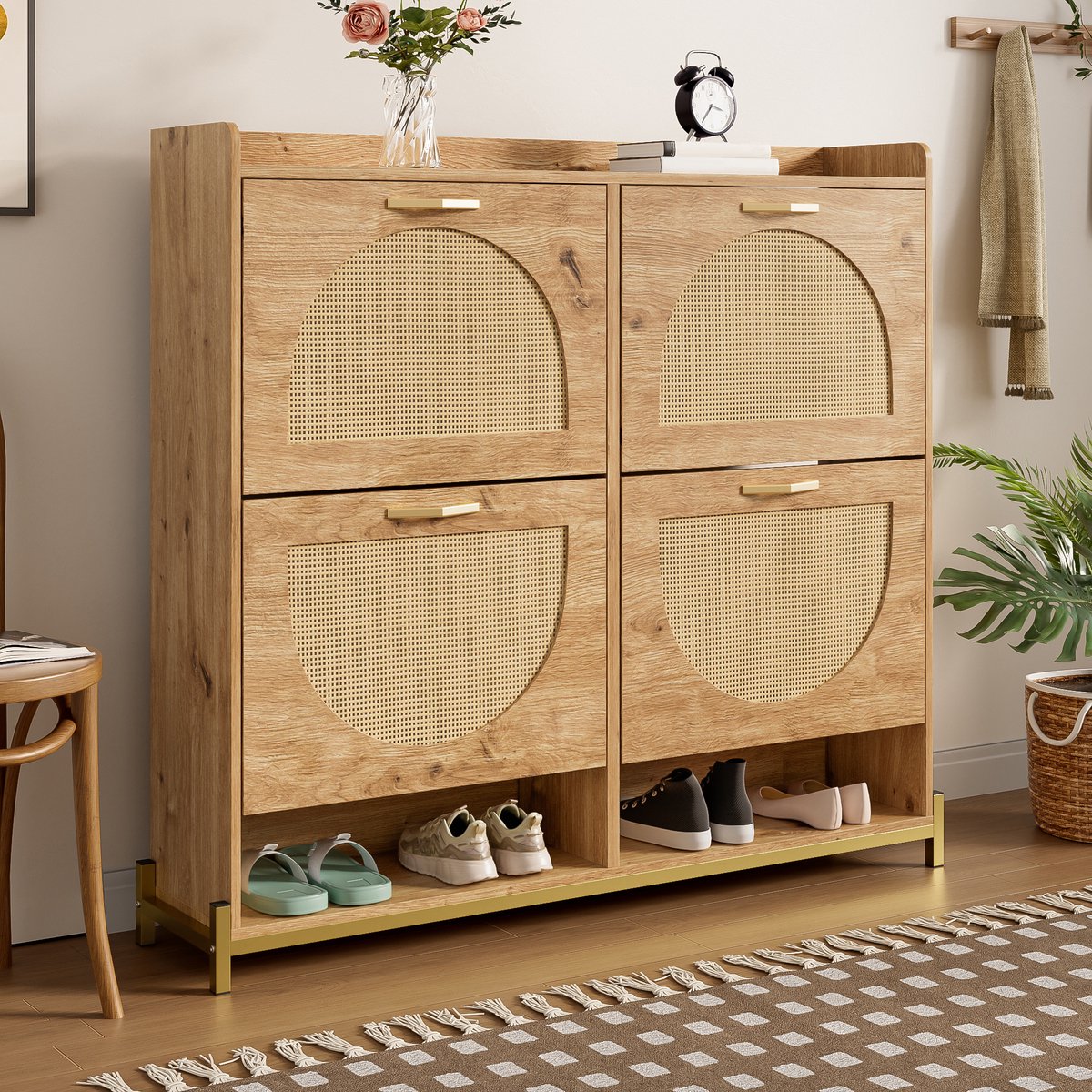 Schoenenkast - 4-deurs kast met rattan deuren, metalen frame & bovenblad - 108,5x100x24 cm - Houtlook