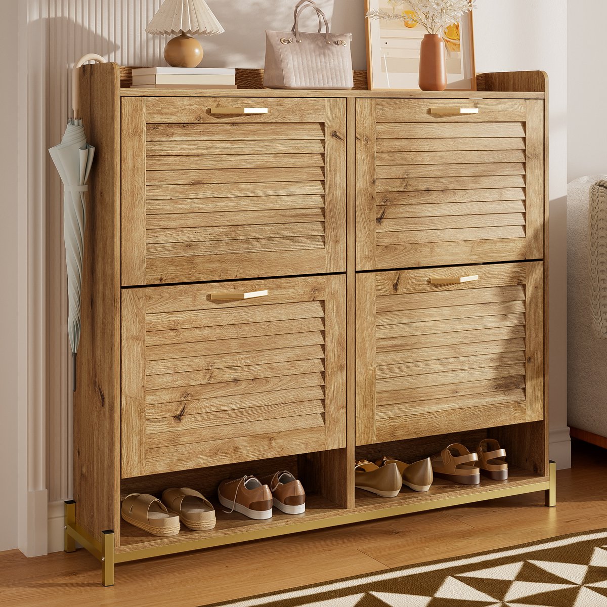 Schoenenkast - 4-deurs kast met houten latten, metalen frame & bovenblad - 108,5x100x24 cm - Houtlook