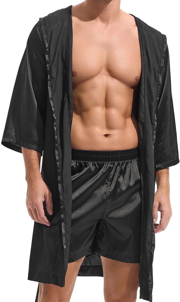 SnelShoppen - Amy Coulee Satijnen Badjas voor Heren - Luxe Nachtkleding, Zwarte Pyjama voor Mannen, L - Ideaal voor Thuis, Wellness, en Slapen