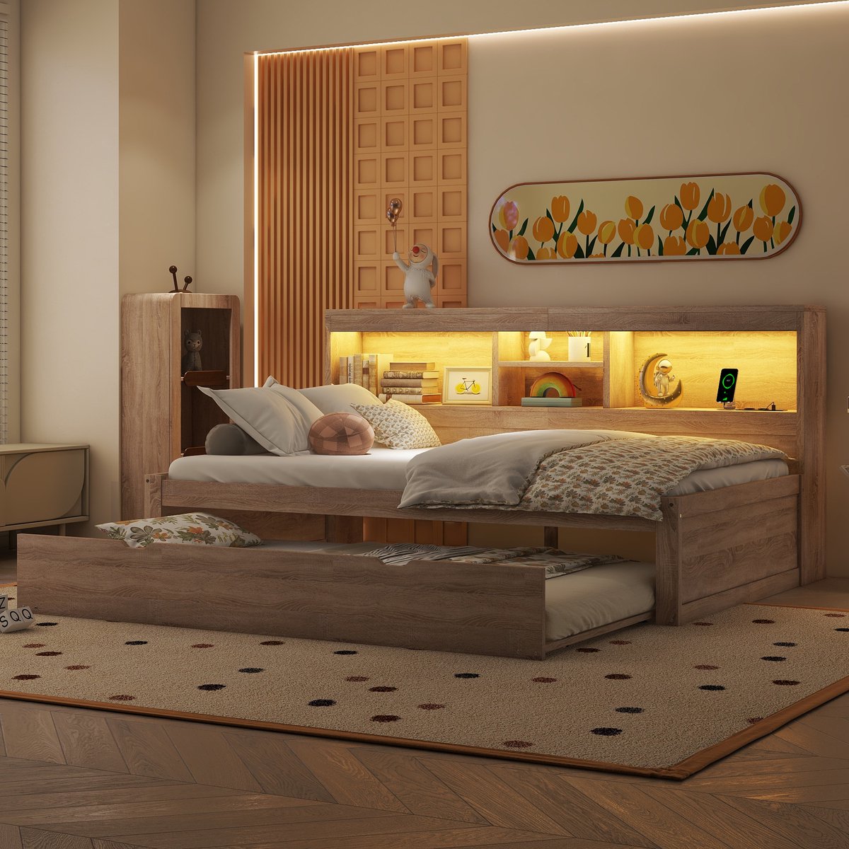 COVREO Bedframe 90x200 cm 204,5 x 114,5 cm naturel, LED-lamp, zonder matras