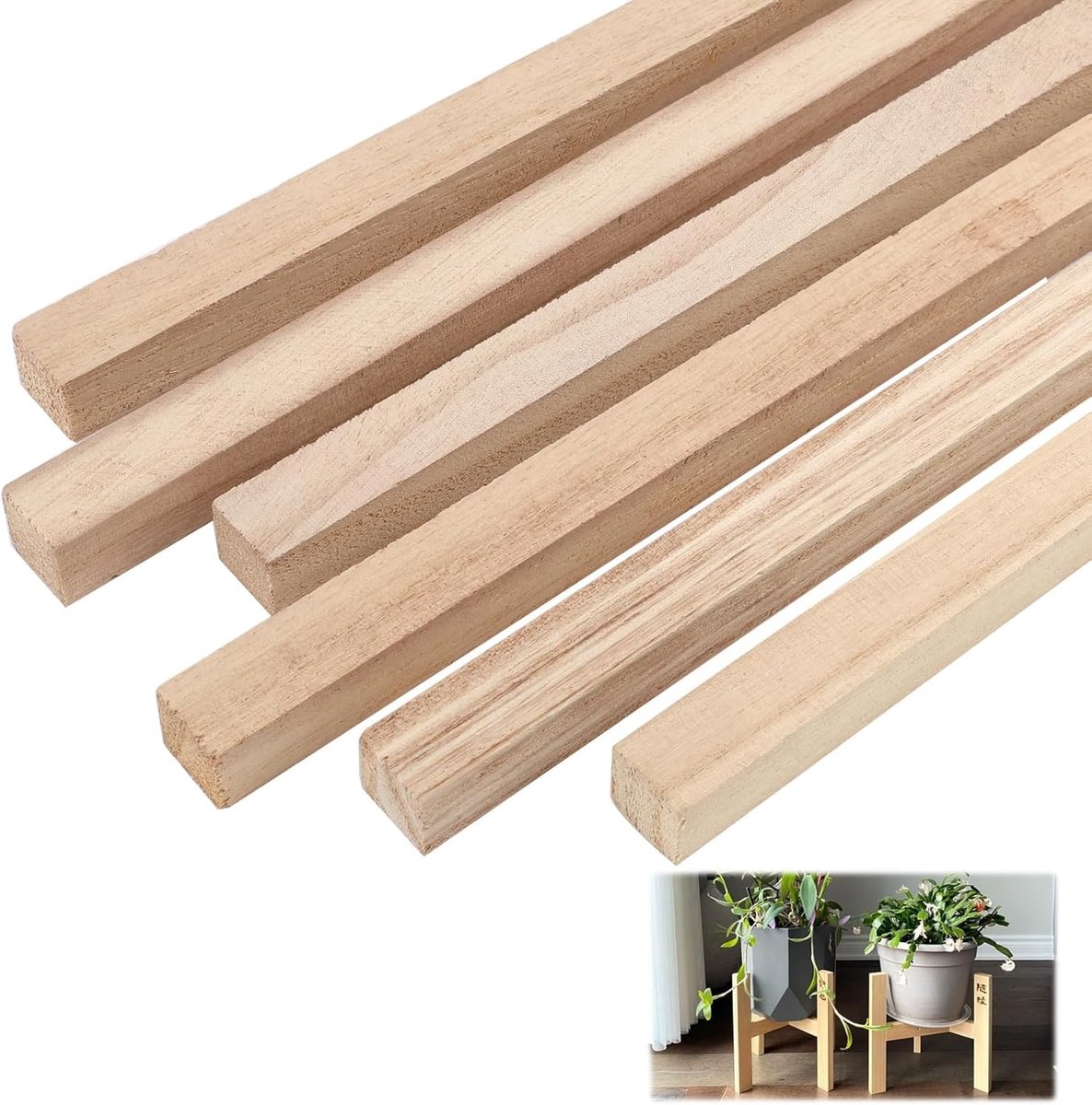 Set van 6 vierkante palen van Paulownia hout, 30 x 1.5 x 1.5 cm, voor handwerk, modelbouw en creatieve DIY-projecten, onbewerkt licht hout voor decoratie