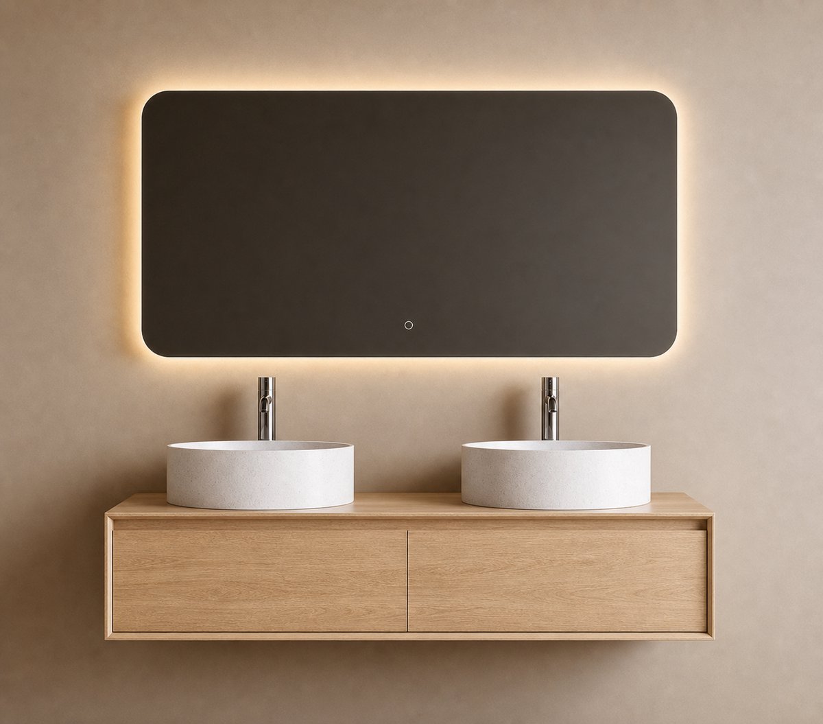 H&F Badkamermeubel 120 cm Naturel Eik – Meubelset met 2 Waskommen – Strak Design – Soft-Close – Vochtbestendig Multiplex – Zonder Kraan & Spiegel