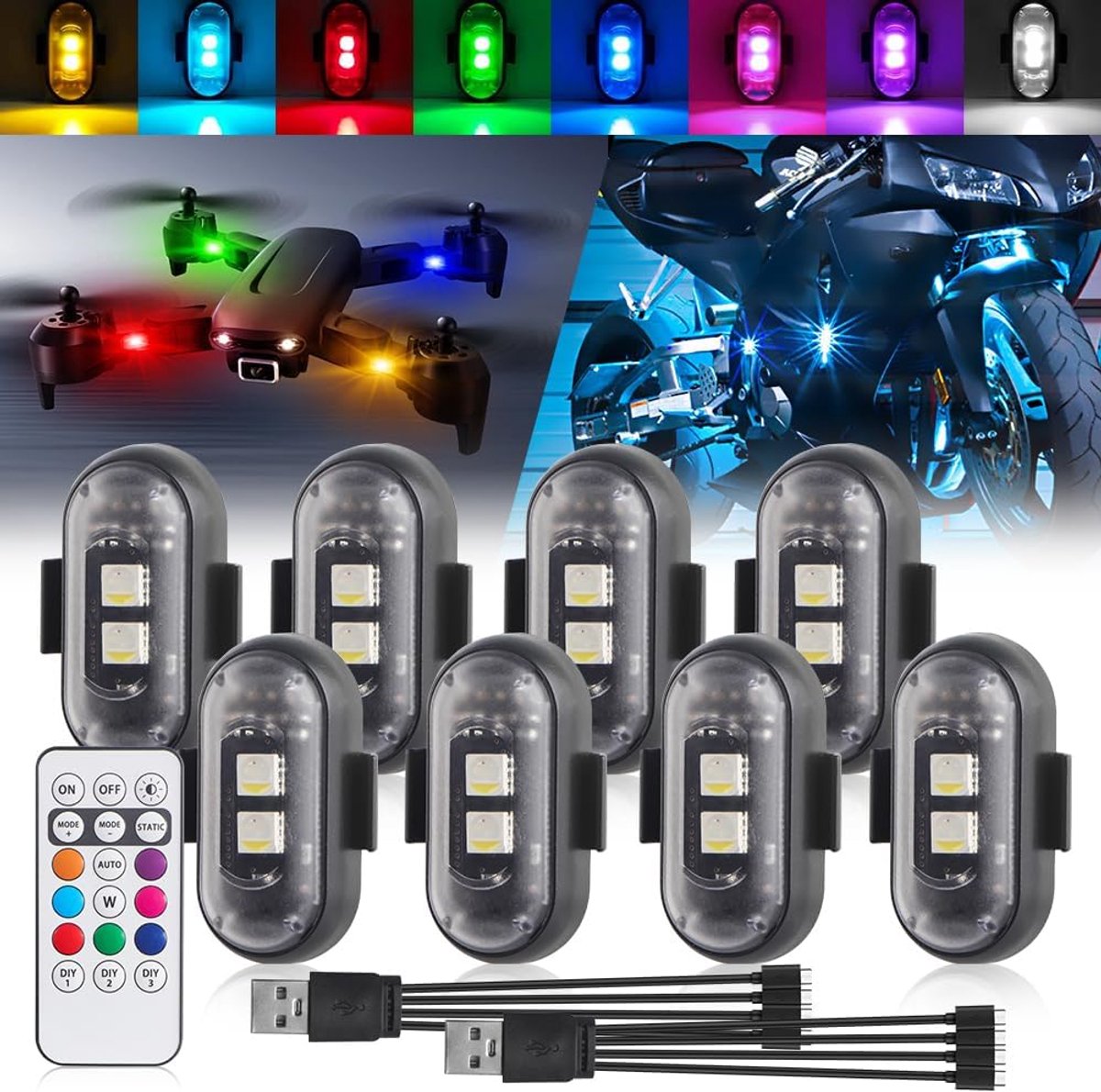 SnelShoppen - Draadloze LED Stroboscooplichten met Afstandsbediening - 8 Kleuren - USB Oplaadbaar - Waterdicht - Voor Auto-interieur, Motorfietsen, Fi