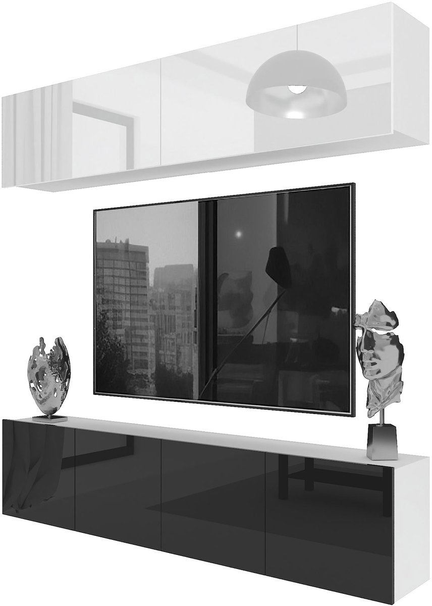 BELINI Wandmeubel Milano 6 200 cm Wit/Zwart Hoogglans - TV-Wand Greeploos - Moderne Woonwand met Gasliftsysteem - Modulair TV-Meubel