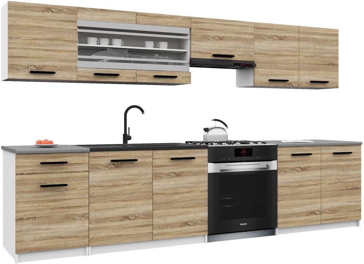 BELINI Keukenblok ITALIA 4 - Keukenmeubel Set 260 cm Sonoma Eiken met Werkbladen - Boven- en Onderkasten