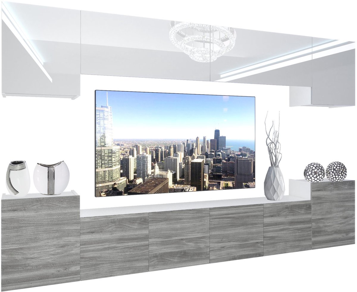 BELINI Wandmeubel NEX 4 - TV-Wandkast Set met LED-Verlichting Wit / Glamour Hout - Hoogglans Fronten