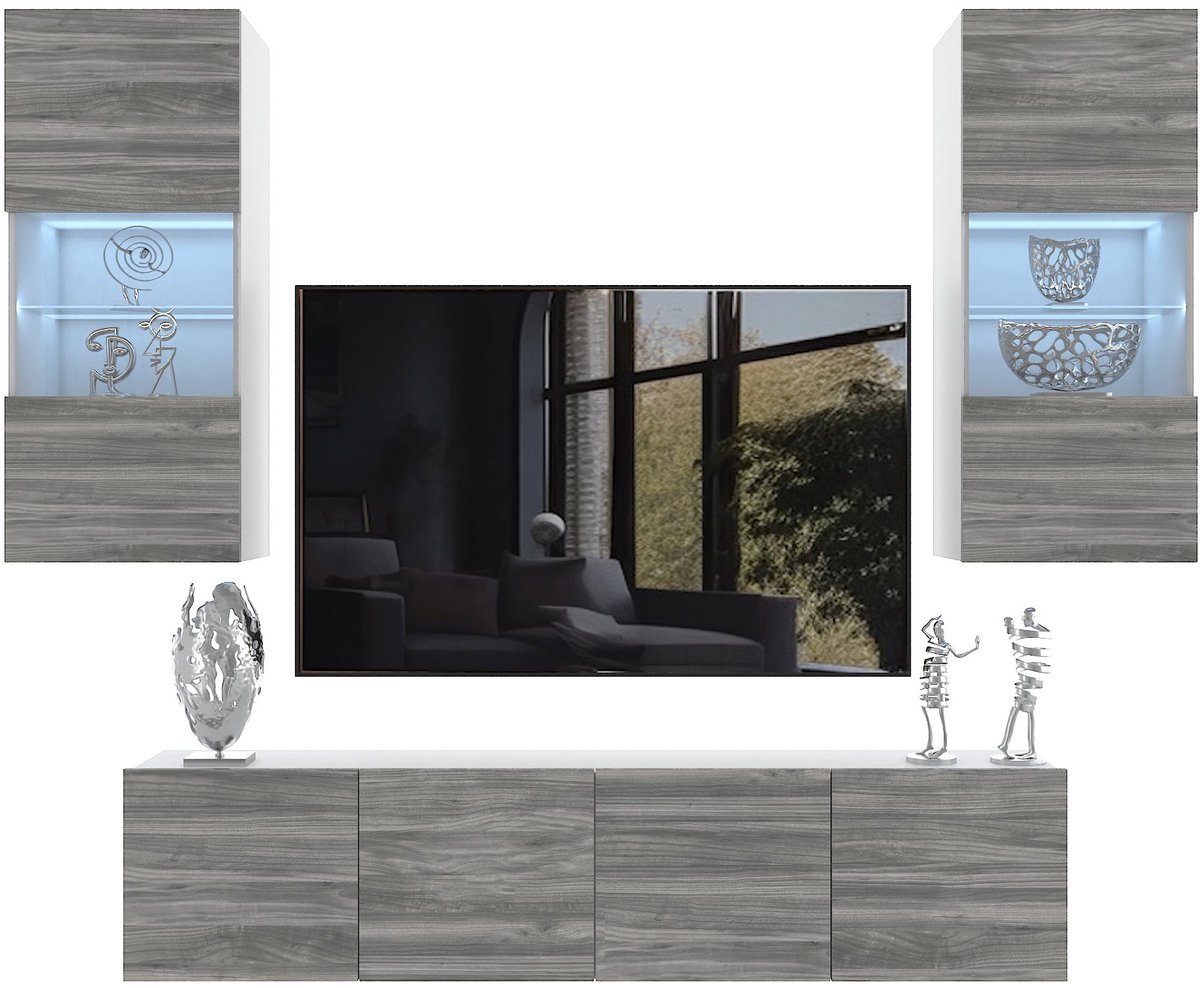 BELINI Wandmeubel Milano 7 200 cm Grijs Mat - TV-Wand Greeploos - Moderne Woonwand met Gas