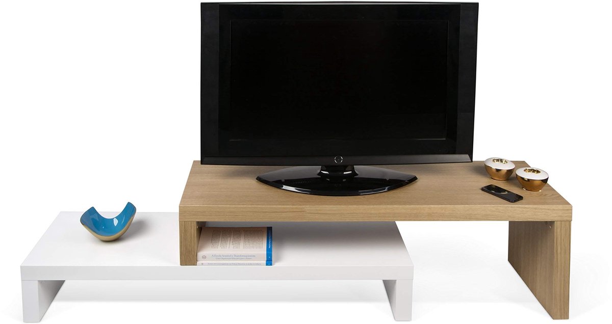 SnelShoppen - Uitschuifbare TV-kast Eiken en Wit, 125/235 x 38 x 20/40 cm, Modern Design, Ruimtebesparend, Geschikt voor Woonkamer en Slaapkamer