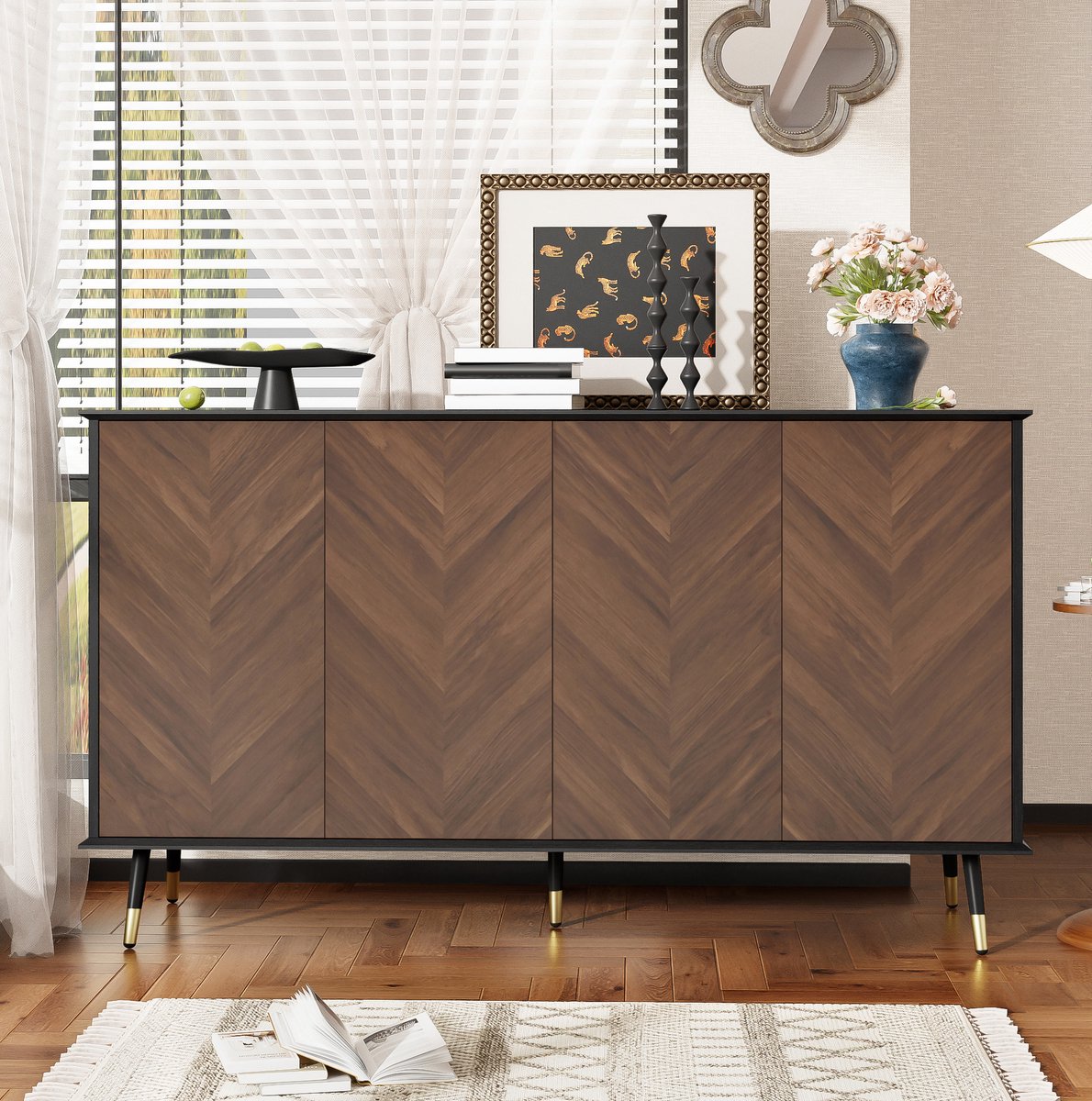 COVREO Dressoir 140x40x80 cm zwart en bruin, MDF met verstelbare planken
