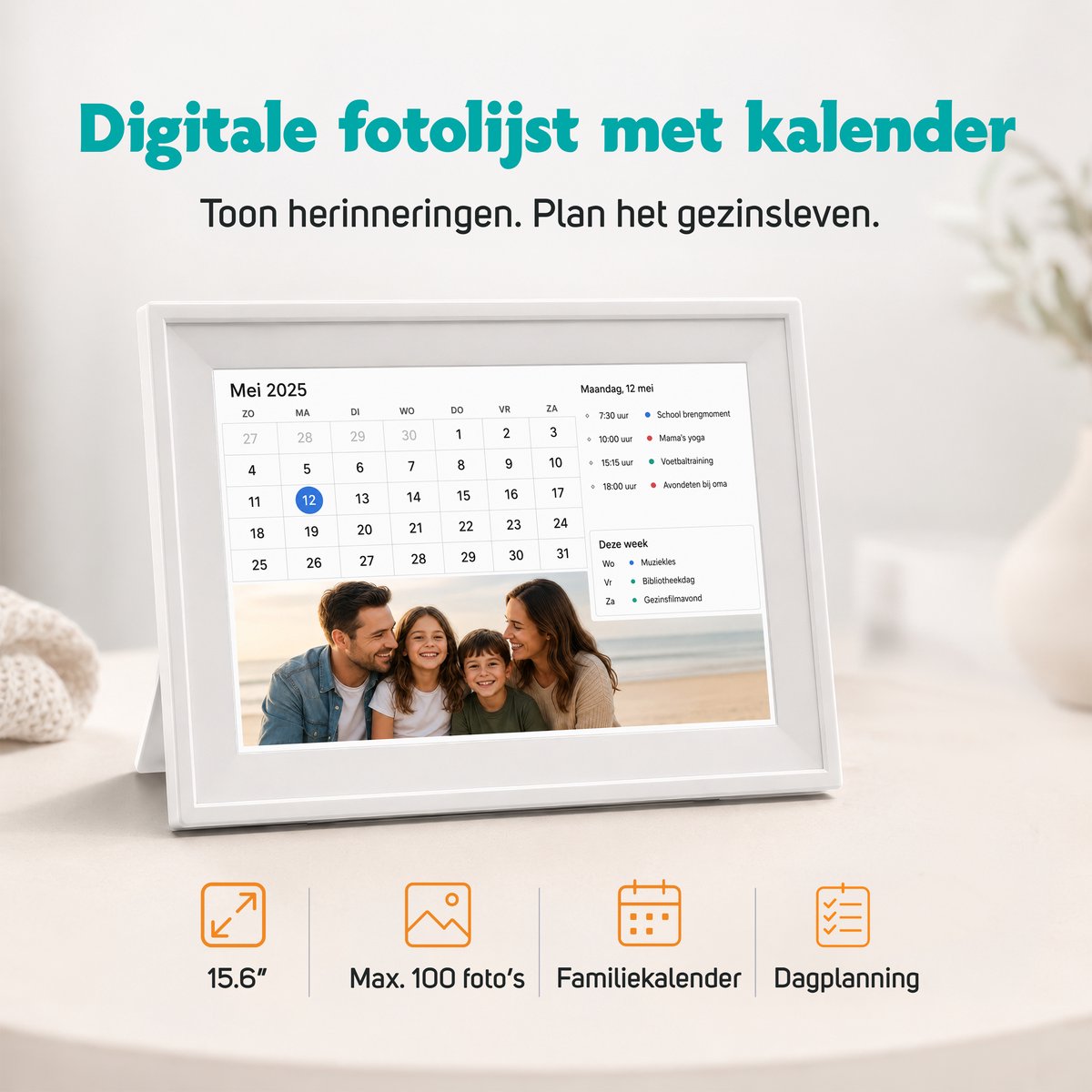 Digitale Kalender & Fotolijst met Touchscreen – 15,6 Inch – 1080P Full HD – 32GB – Zonder Abonnement – Gezinsplanner met Takenlijst, Maaltijdplanner & FotoCube App – Wand- en Bureaumontage thumbnail 2
