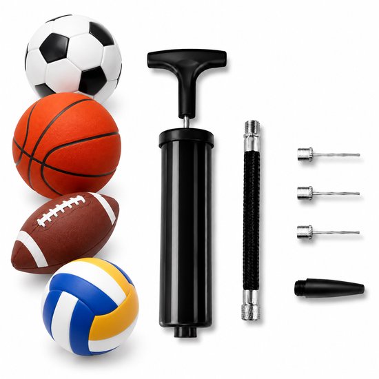Une pompe à main noire avec des embouts, à côté d'un ballon de football, d'un ballon de basket, d'un ballon de rugby et d'un ballon de volley.