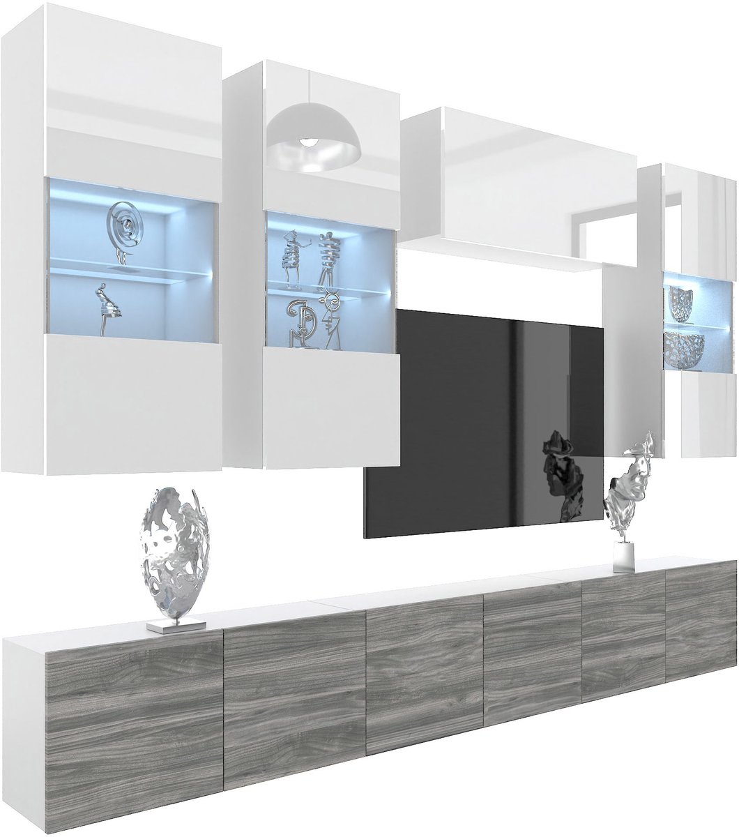 BELINI Wandmeubel Milano 5 300 cm Wit Hoogglans/Grijs Mat - TV-Wand Greeploos - Moderne Woonwand met Gasliftsysteem - Modulair TV-Meubel