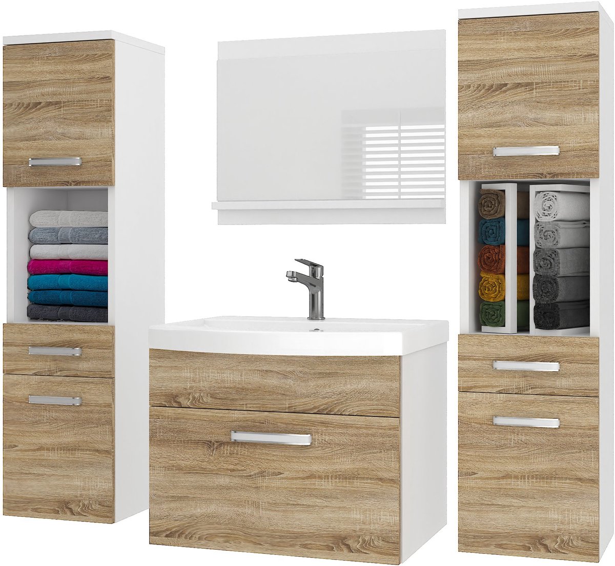 BELINI Badkamermeubel Set PRI M6 - Badmeubelset 120 cm Sonoma Eiken Mat met Wastafel en Spiegel - Wandmontage