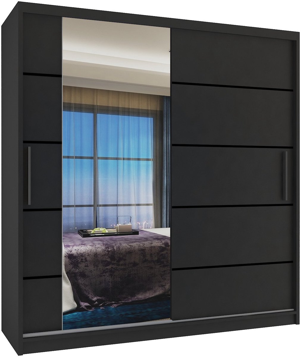 BELINI Verona MBP Schuifdeurkast 158 cm Zwart Mat - Kledingkast met Spiegel - Comfort Line Slaapkamerkast
