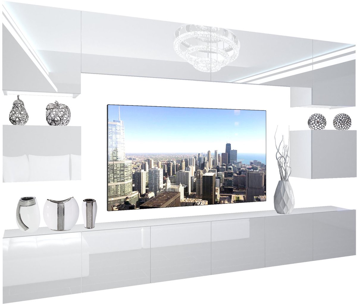 BELINI Wandmeubel NEX 3 - TV-Wandkast Set met LED-Verlichting Wit - Hoogglans Fronten