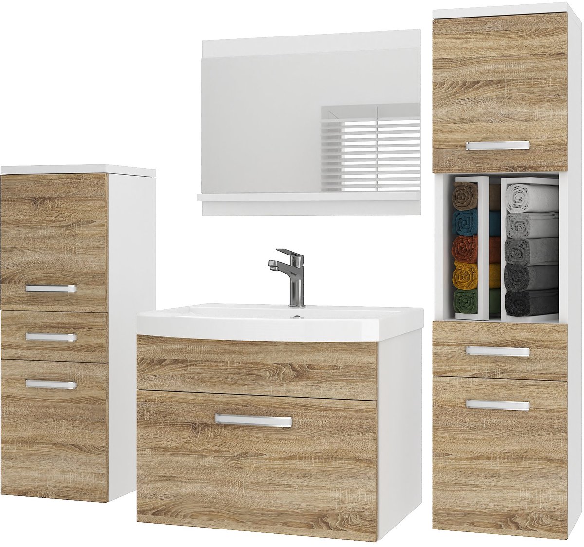 BELINI Badkamermeubel Set PRI M5 - Badmeubelset 120 cm Sonoma Eiken Mat met Wastafel en Spiegel - Wandmontage